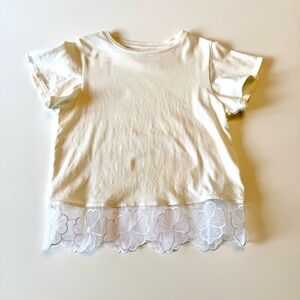 Crewcuts Cream T-Shirt with Flower Lace Hem, size S (6-7)